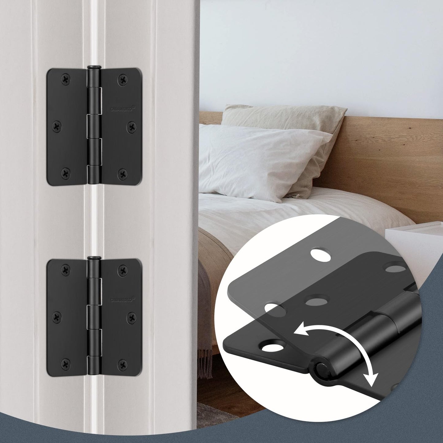 24 Pack 3.5" x 3.5" Black Door Hinges, Matte Black Hinges 3 1/2 Interior Hinges 1/4" Raidus Standard Residential Bedroom Door