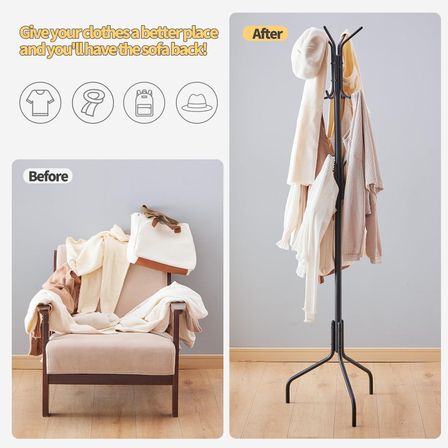 Furshus Coat Rack Freestanding,hat and coat rack stand for entryway,Living Room,Bedroom,Metal coat tree with12 Hooks and 3 Legs (Black)
