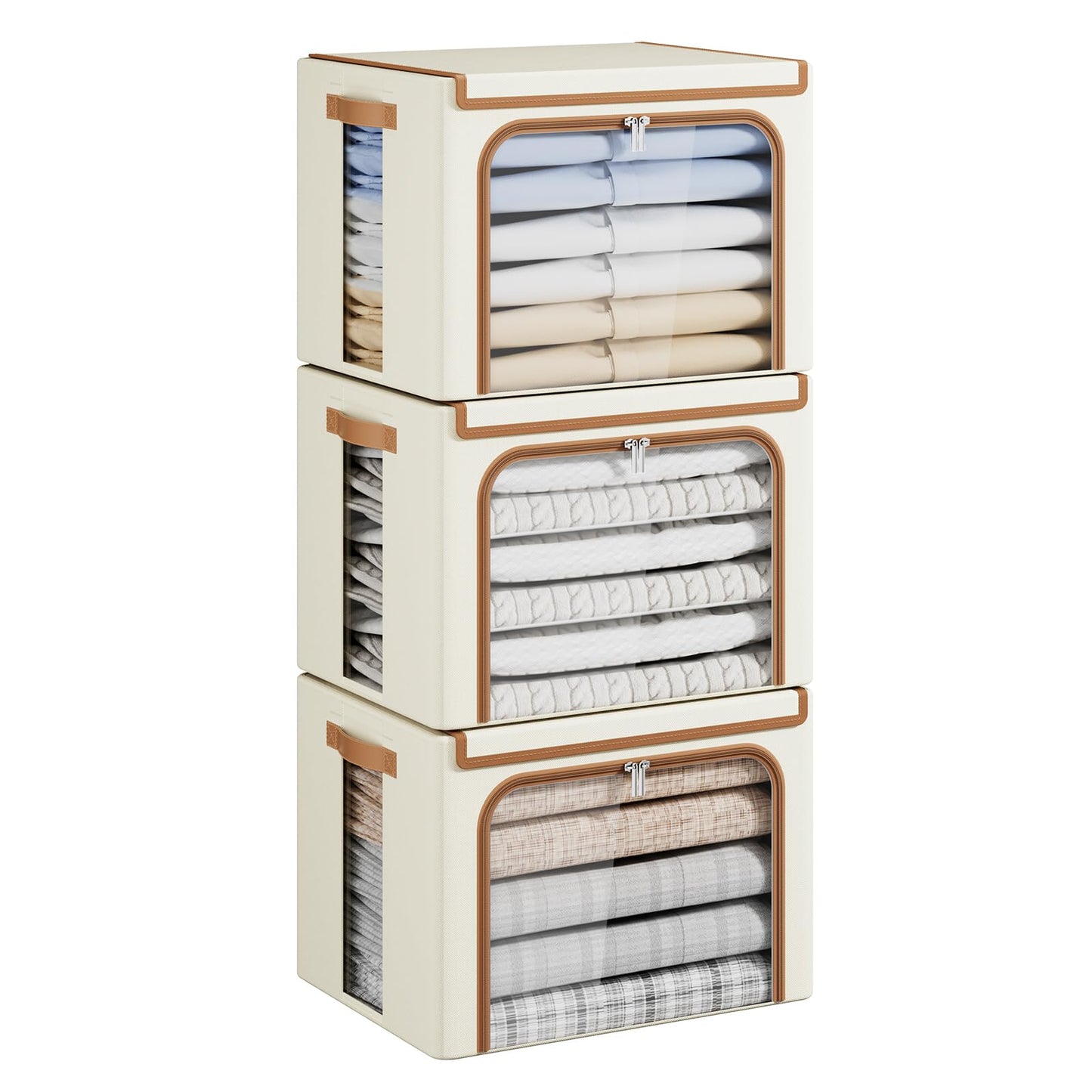 Yecaye 3 Pack Clothes Organizer with Metal Frame, 40L Foldable Storage Cabinet for Clothes, Stackable Metal Frame Storage Box with Lid, Linen Fabric Box Organizer with Clear Window, PU Handles,Beige
