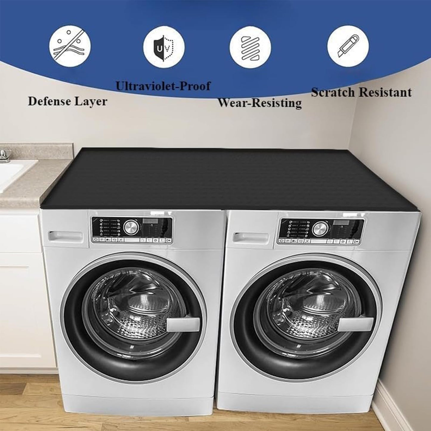 54" x 27.5" Washer and Dryer Covers for The Top, Large Non Slip Silicone Mat for Washing Machine and Dryer Top Protector, with Cleaning Sponge，Dust-Proof Washer Cover Pad Laundry Room Kitchen (Black)