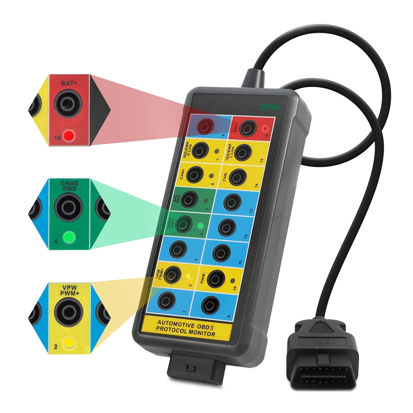 OBD2 Breakout Box Powerful OBDII Protocol Detector Communication/Power/Ground Detection Breakout Box 16-Pin CAN Breakout Box Automotive with OBD2 Scanner Connector, 4mm Banana Jack, 35-inch Cable