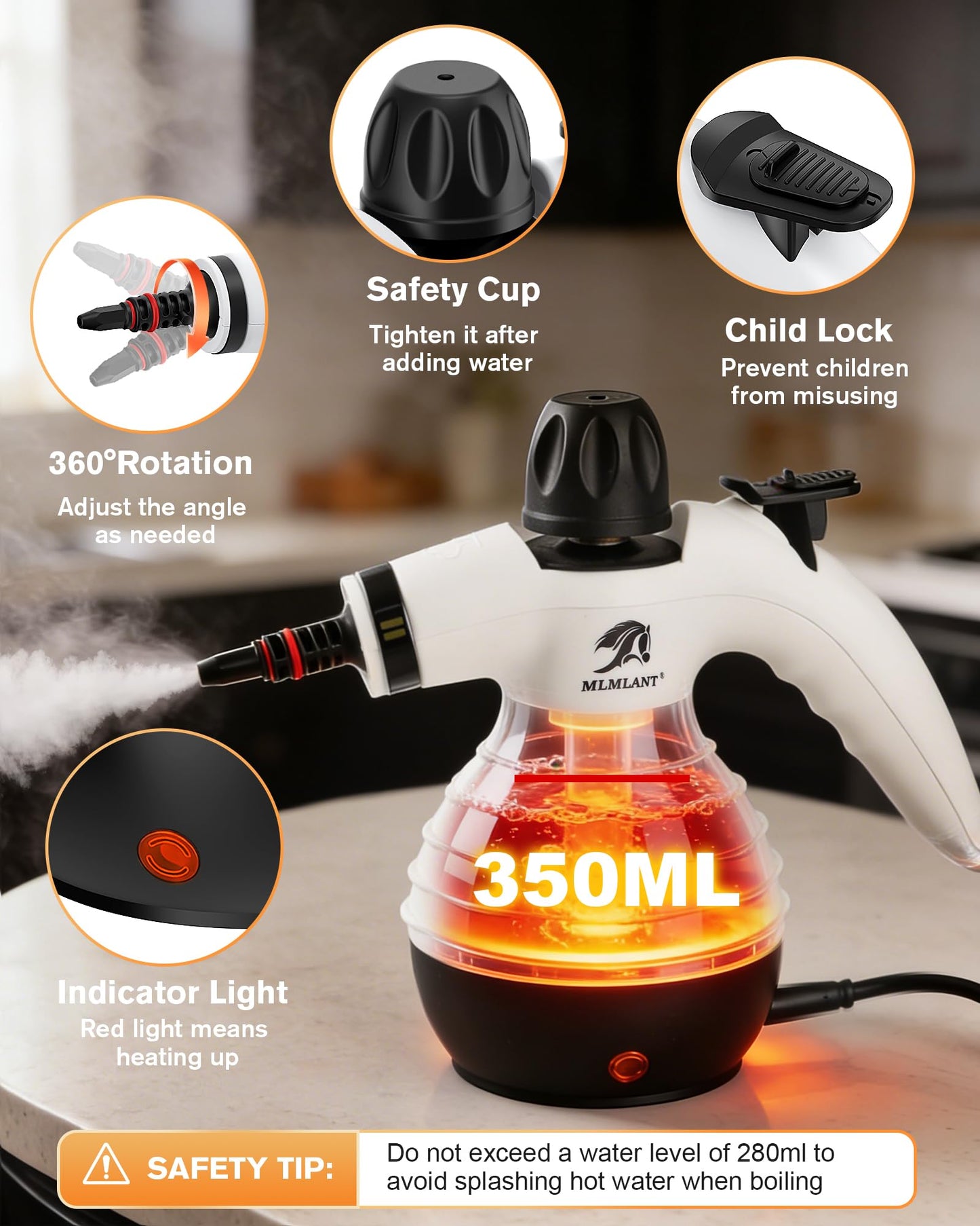 MLMLANT Steam Cleaner, Multi-functional Handheld Steam Cleaner with Safety Lock and 10-piece Accessory Set, Suitable for Steam Cleaning Carpets, Sofas, Mattresses, Car Seats, Kitchens, etc.