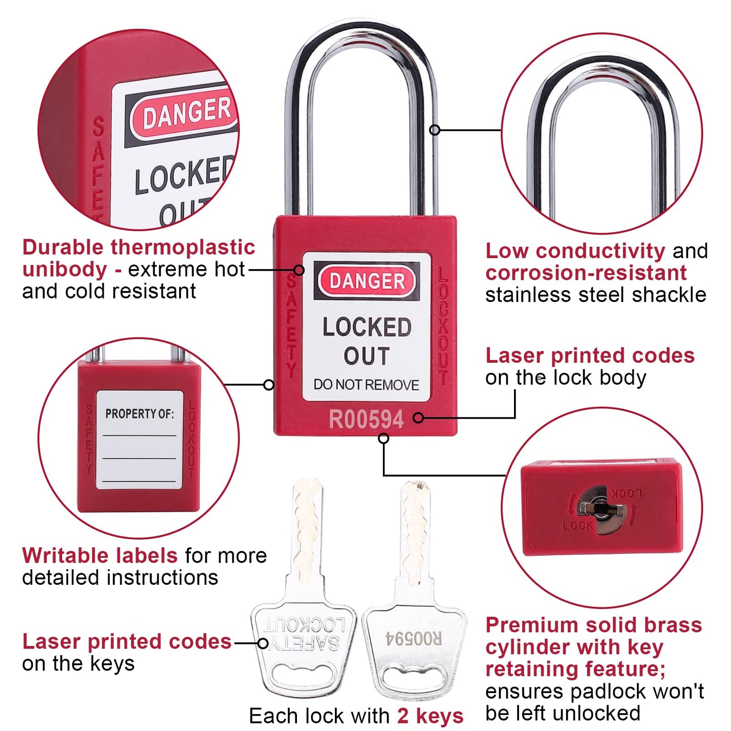 Patioer Lockout Tagout Locks, 20 Red Loto Locks Keyed Alike, Lock Out Tag Out Safety Padlocks, 2 Keys Per Lock