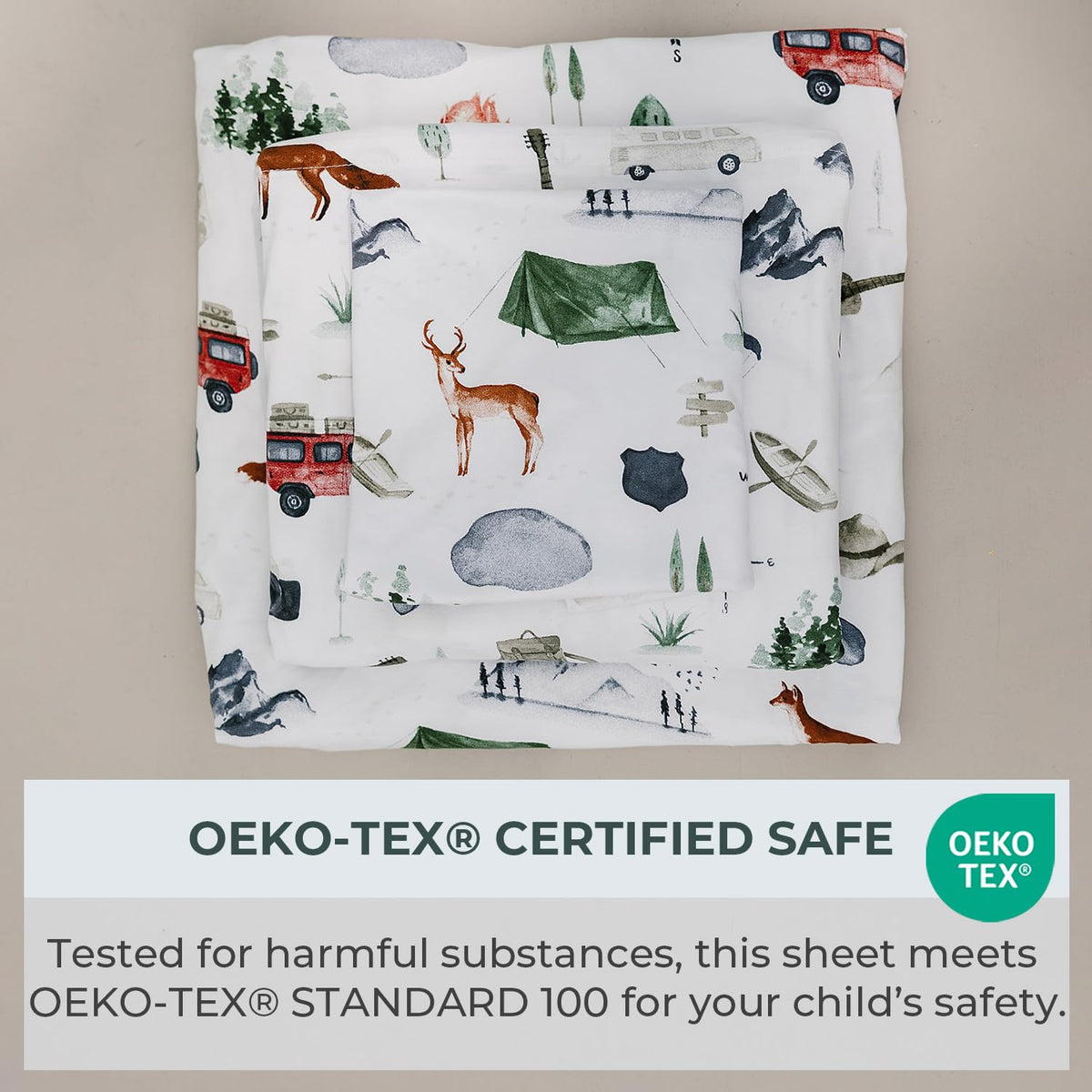 Pobi Baby Premium Twin Full Bed Sheet Set – Kids Double Bed Sheets in Cotton Blend | Ultra-Soft Woodland Camping Print with Fitted Sheet, Flat Sheet & Pillowcases - 3 PC (Explore)