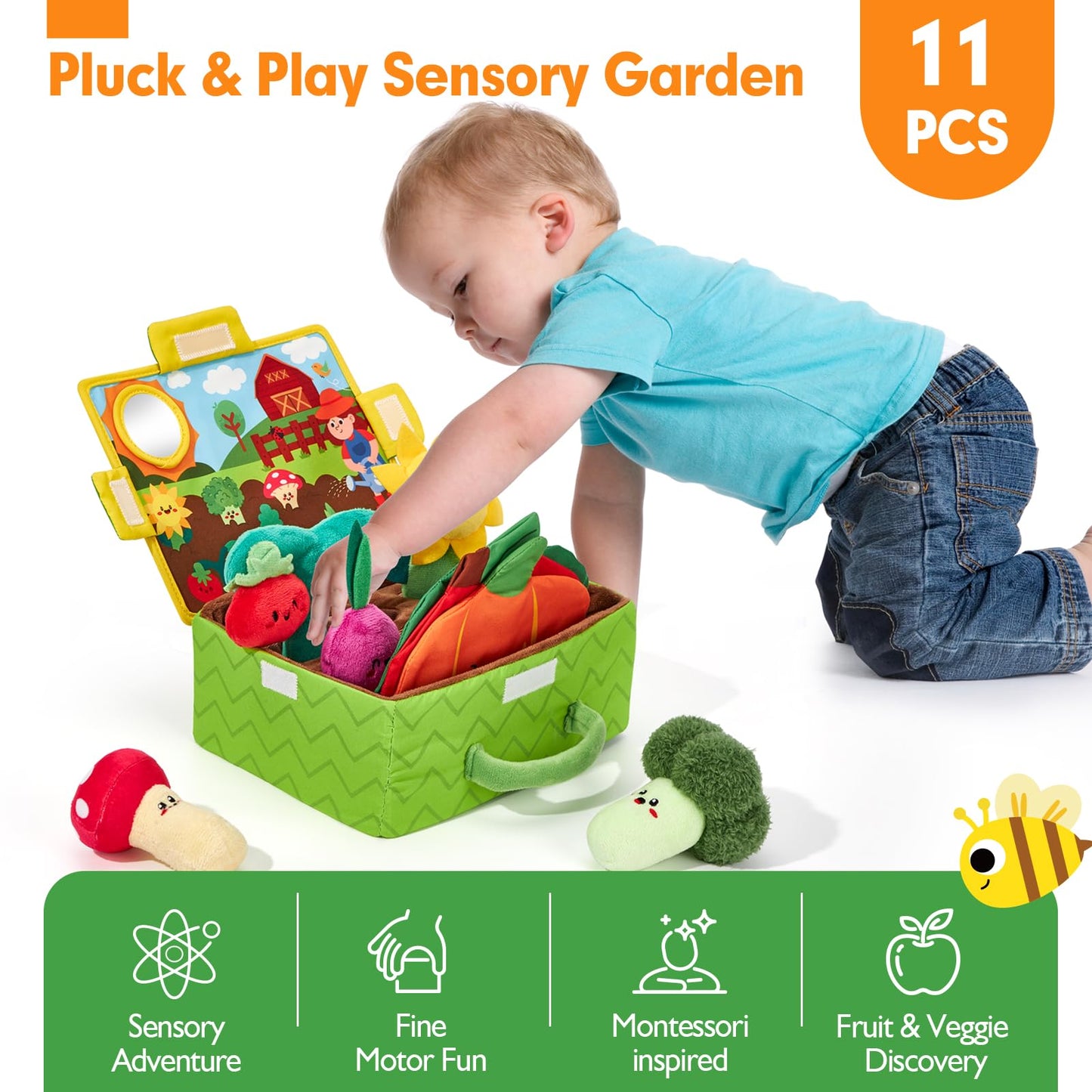 hahaland Baby Toys 6-12 Months - Fruits Vegetables Garden Plant Plush, 6 Month Old Toys Sensory Toy Carrot Flower with Rattles, Mirror, Squeaker, Textures, Crinkle Tissues for Babies