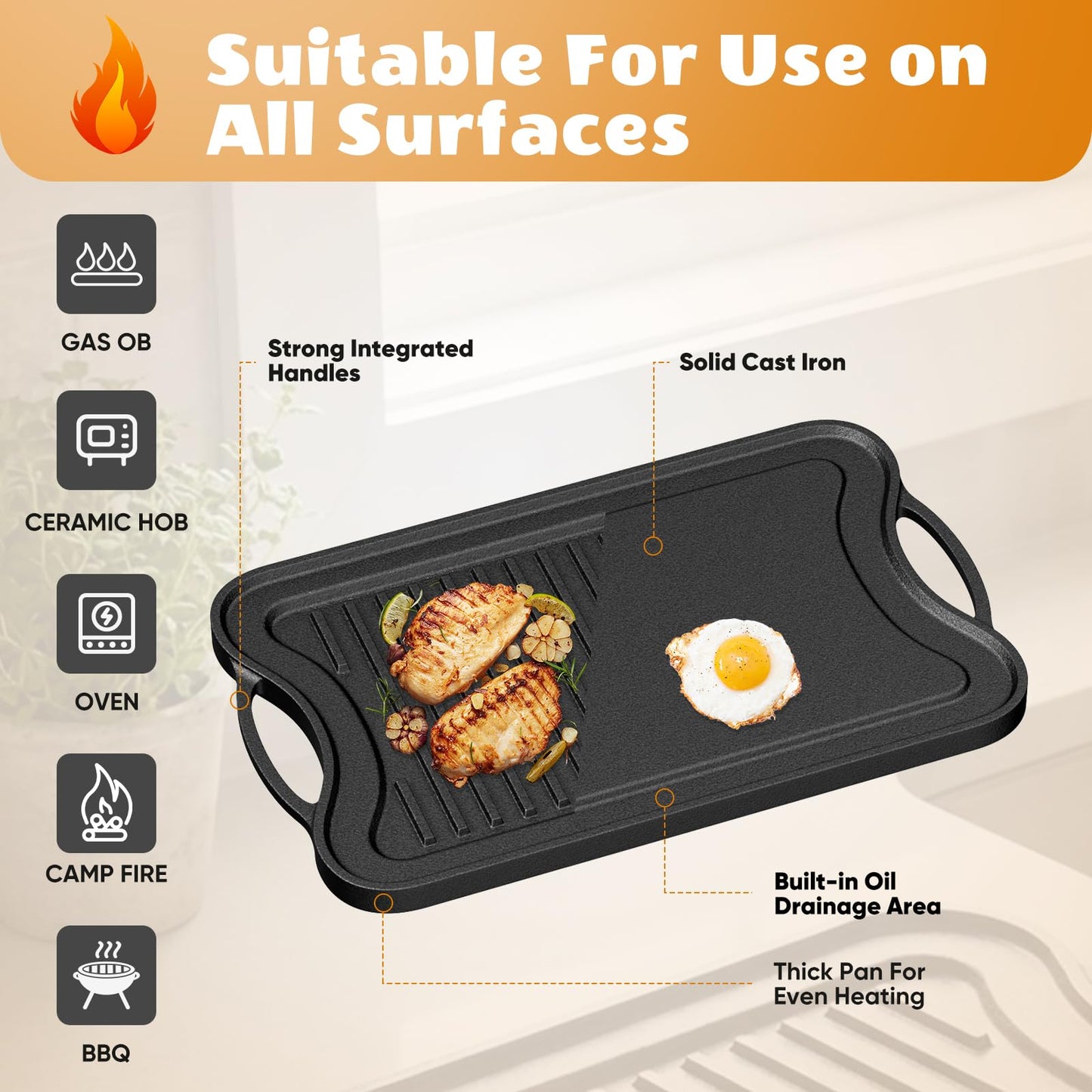 Dayacoco Cast Iron Griddle, Reversible Grill Pan, 16.5" x 9.8" Non-Stick BBQ Grill Pan with Handles, Dual Handle Flat Skillet Pan for Gas Stovetop Open Fire Oven