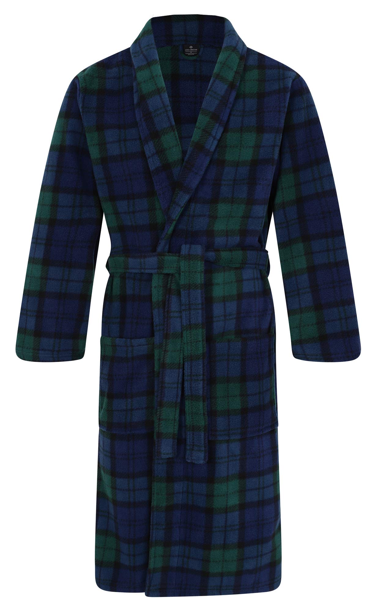 John Christian Men's Fleece Robe, Scottish Black Watch Tartan, Navy / Green, Large-X-Large
