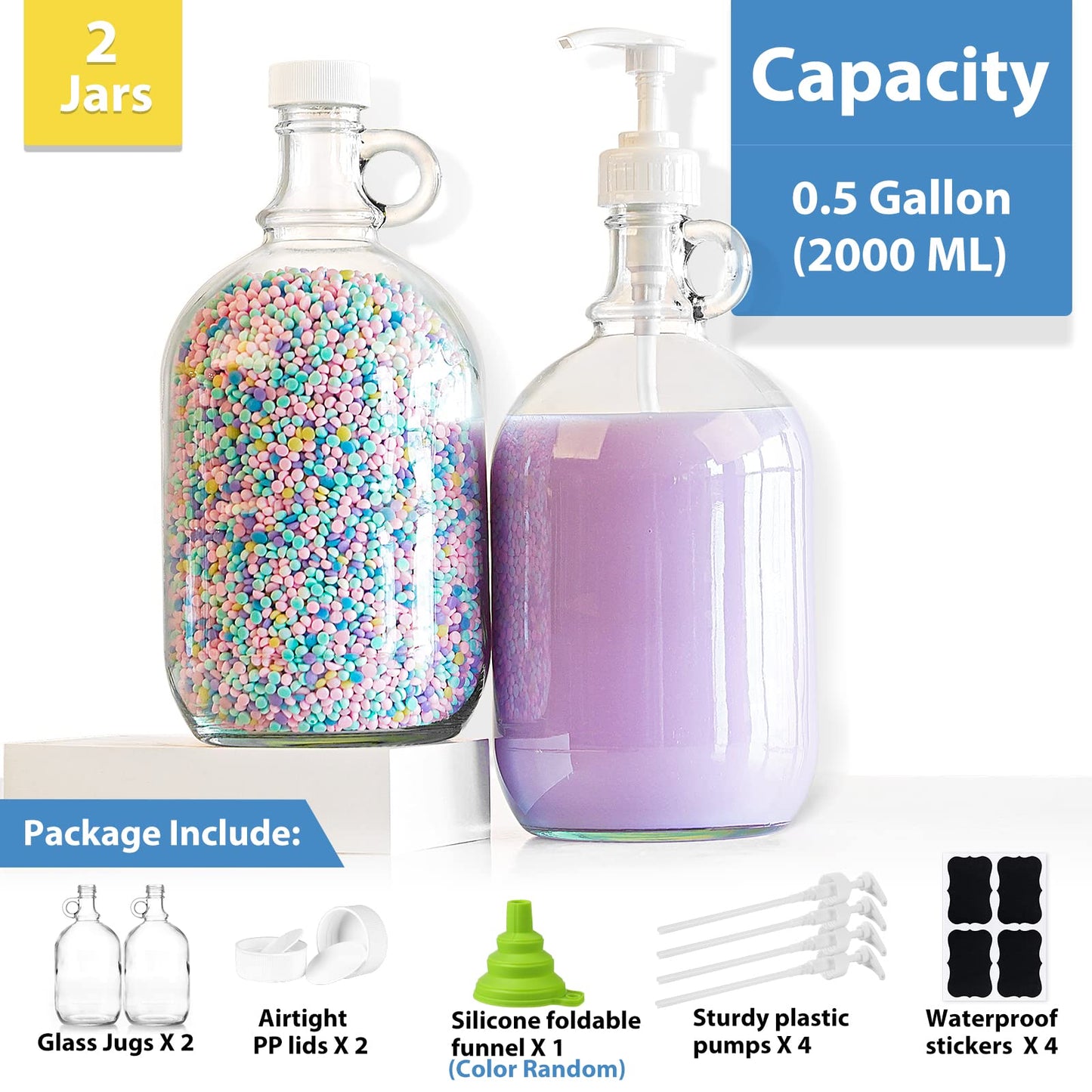 Sovietiep Half Gallon Glass Soap Dispenser, 64 Oz Glass Pump Bottle for Laundry Detergent Dispenser w 4 Pumps and 2 Airtight Lids, Bathroom, Kitchen, Laundry Room(Extra Labels and Funnel) - Set of 2