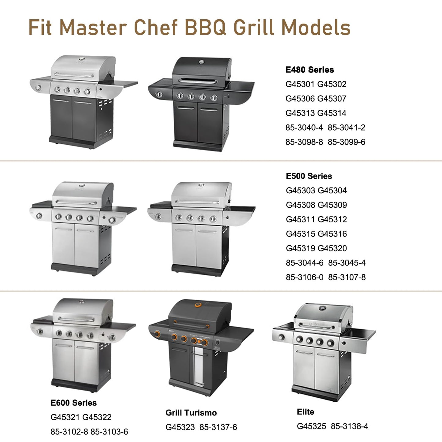 BBQSAVIOR PC16 BBQ Replacement Parts for Master Chef G45306, G45307, G45308, G45309, G45311 Grill Models, 4 Heat Shields, 4 Burner Tubes and 3 Crossover Tubes