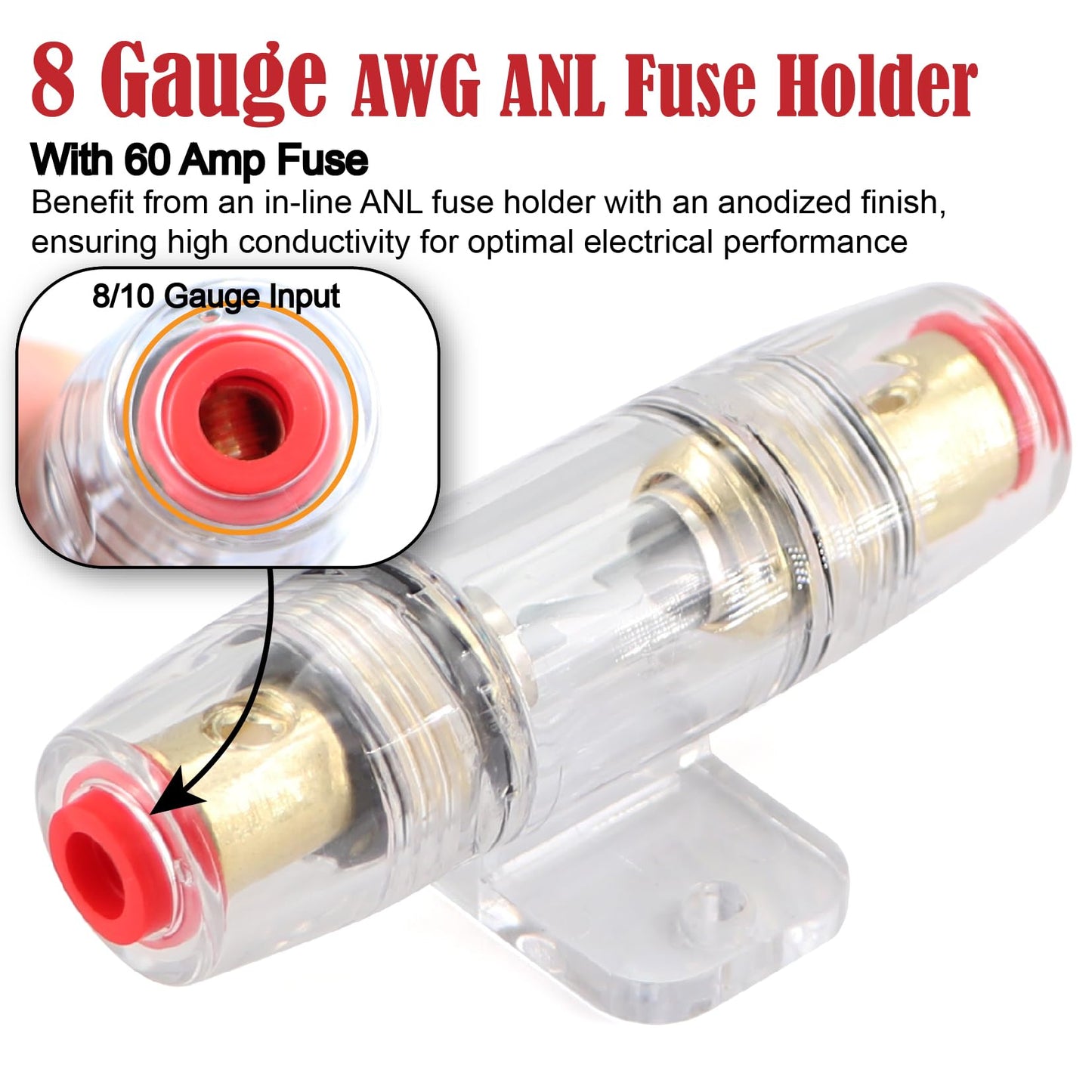 8 Gauge Wire (25FT Red+25FT Black) Copper Clad Aluminum CCA,60A Fuse Holder,20 Pcs Lugs,20 Pcs 2:1 Heat Shrink Tubes,Car Amplifier Power&Ground Cable,Primary Automotive Wire