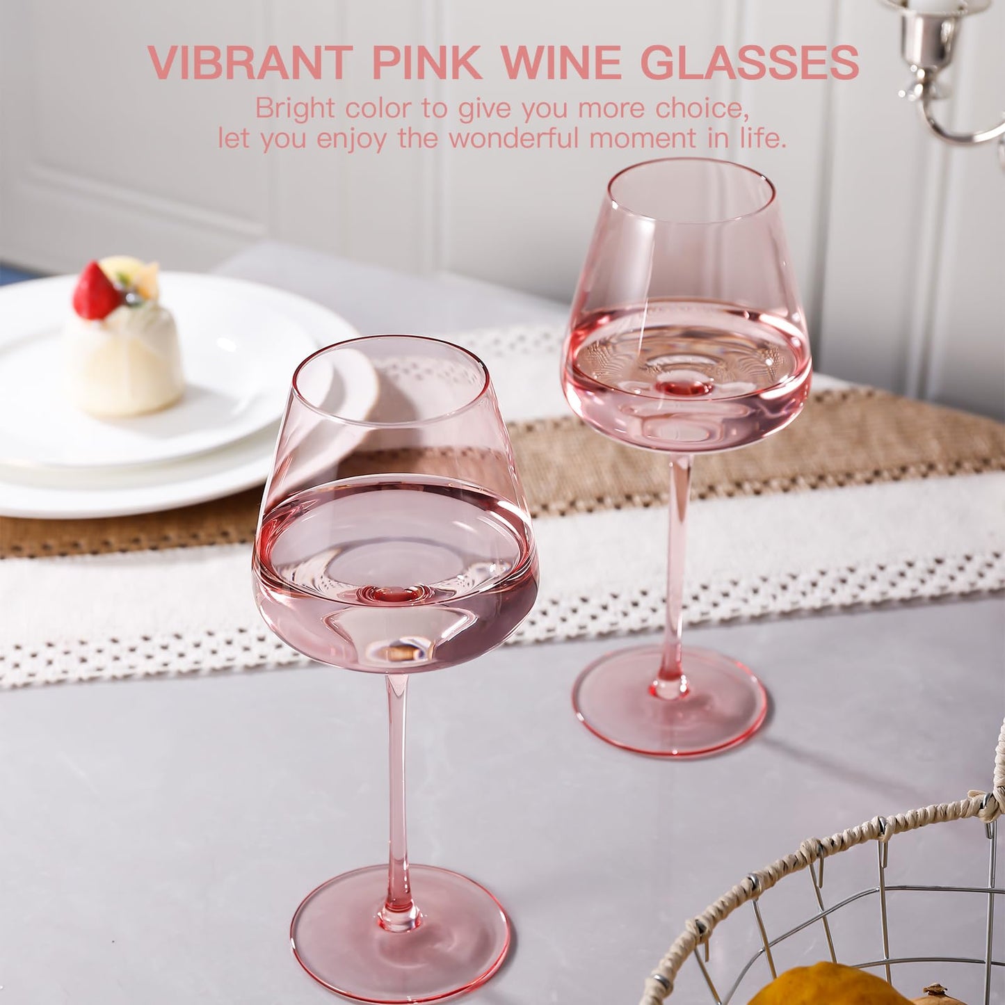 JOVGANK Pink Wine Glasses Set of 6, Hand Blown Large Colored Wine Glass 18Oz, Lead-Free Premium Crystal Long Stem Red and Thanksgiving Wine Glass, Housewarming and Mother's Day Gift