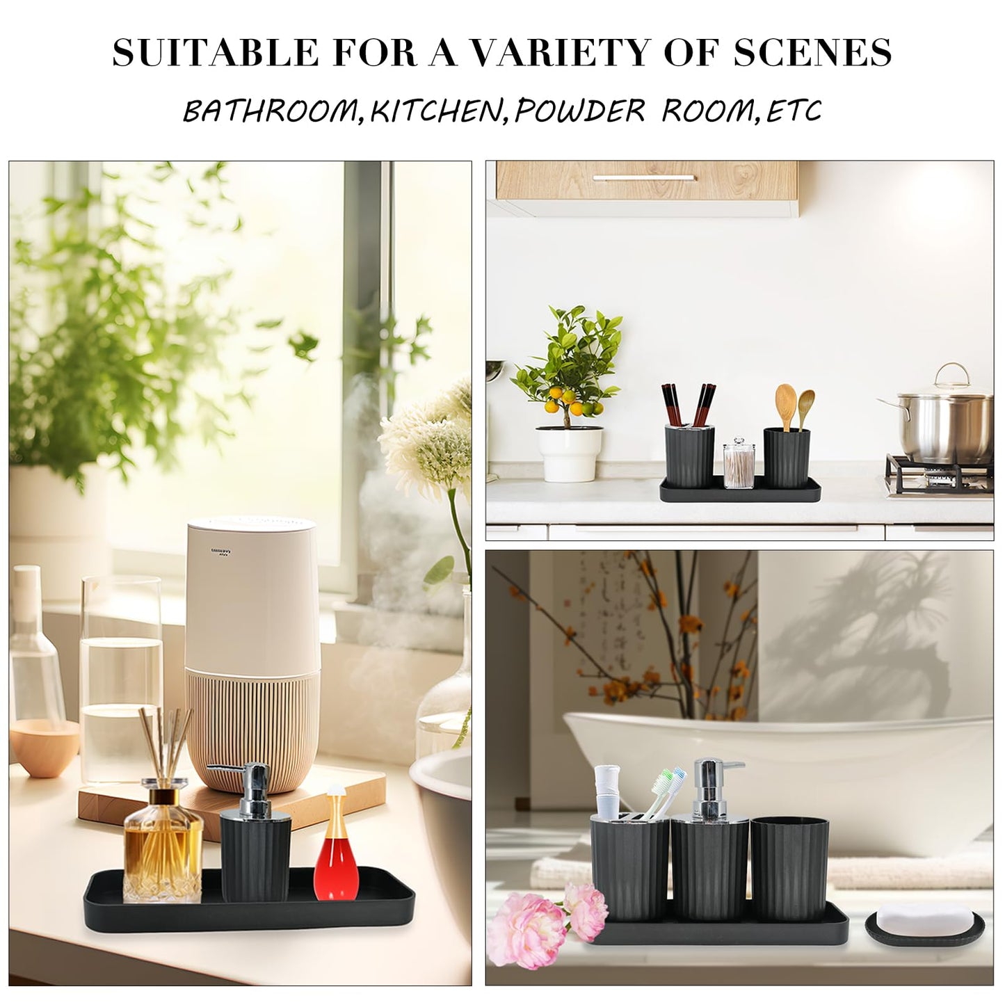 Black Bathroom Accessories Set, 9-Piece Bathroom Accessory Sets Complete with Trash Can,Shower Curtain, Vanity Tray, Soap Dispenser (Black)