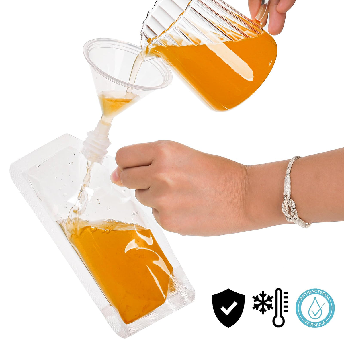 Mezchi 200 Pack Clear Drink Pouches, 250ml Leak-Proof Plastic Juice Flasks Bags with Funnel for Travel, Concerts
