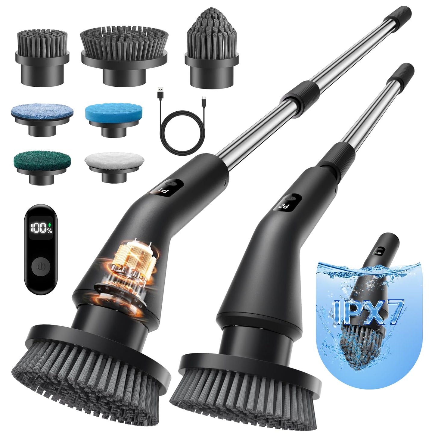 Leebein Electric Spin Scrubber, Full Body IPX7 Waterproof Electric Cleaning Brush, Cordless Bathroom Scrubber with 7 Brush Heads, Extendable Long Handle and 2 Speeds Scrubber for Bathtub Floor