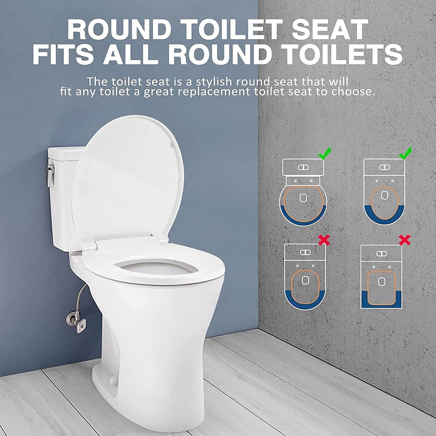 Round Toilet Seat Slow Quiet Close Seat Cover Fit Standard Round Toilet White Toilet Seat with Metal Inserts Easy to Install, Non-slip Seat with Rubber Bumpers Provides Comfort Relieves Pressure Point