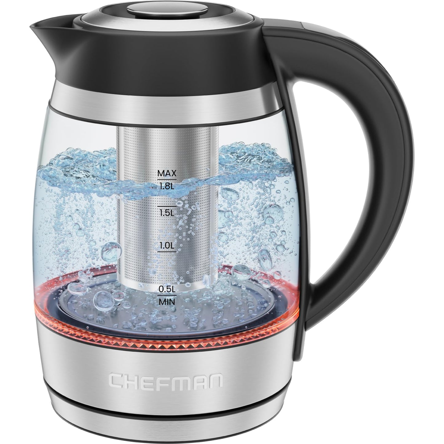 CHEFMAN Electric Kettle for Boiling Water, 1.8L 1500W with Tea Infuser, Hot Water in 3 Minutes, LED Lights, Auto Shut Off, Keep Warm Function, Borosilicate Glass Electric Tea Kettle – Stainless Steel
