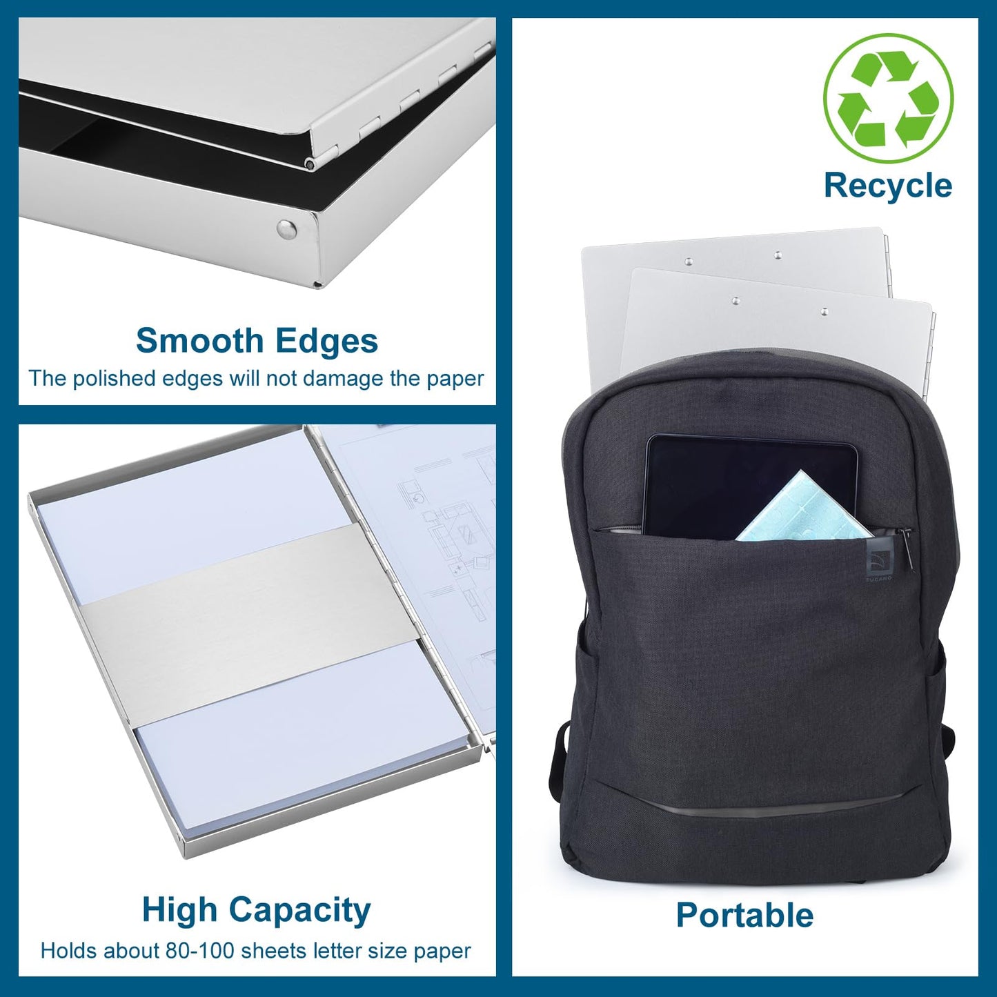 ZCZN Aluminum Clipboard with Storage and Clip Recycled, 2 Pack Clipboard Folders, Sturdy Letter Size Recycle Metal Form Holder for Business Office Medical Professionals, Letter Size (Silver)