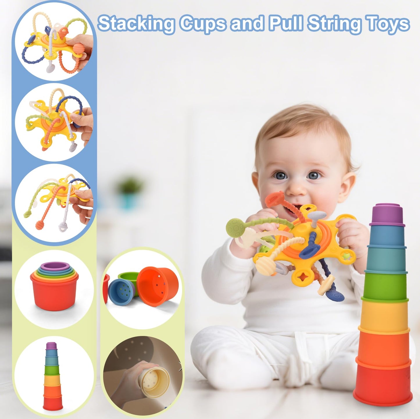 Montessori Baby Toy for 6 to12 Months,6 in 1 Montessori Sensory Toys for 1 Year Old,Baby Stacking Building Block Cups & Rings,Pull String Toy Magic Tissue Box for Toddlers 6-9-12 Months Boy Girl Gift