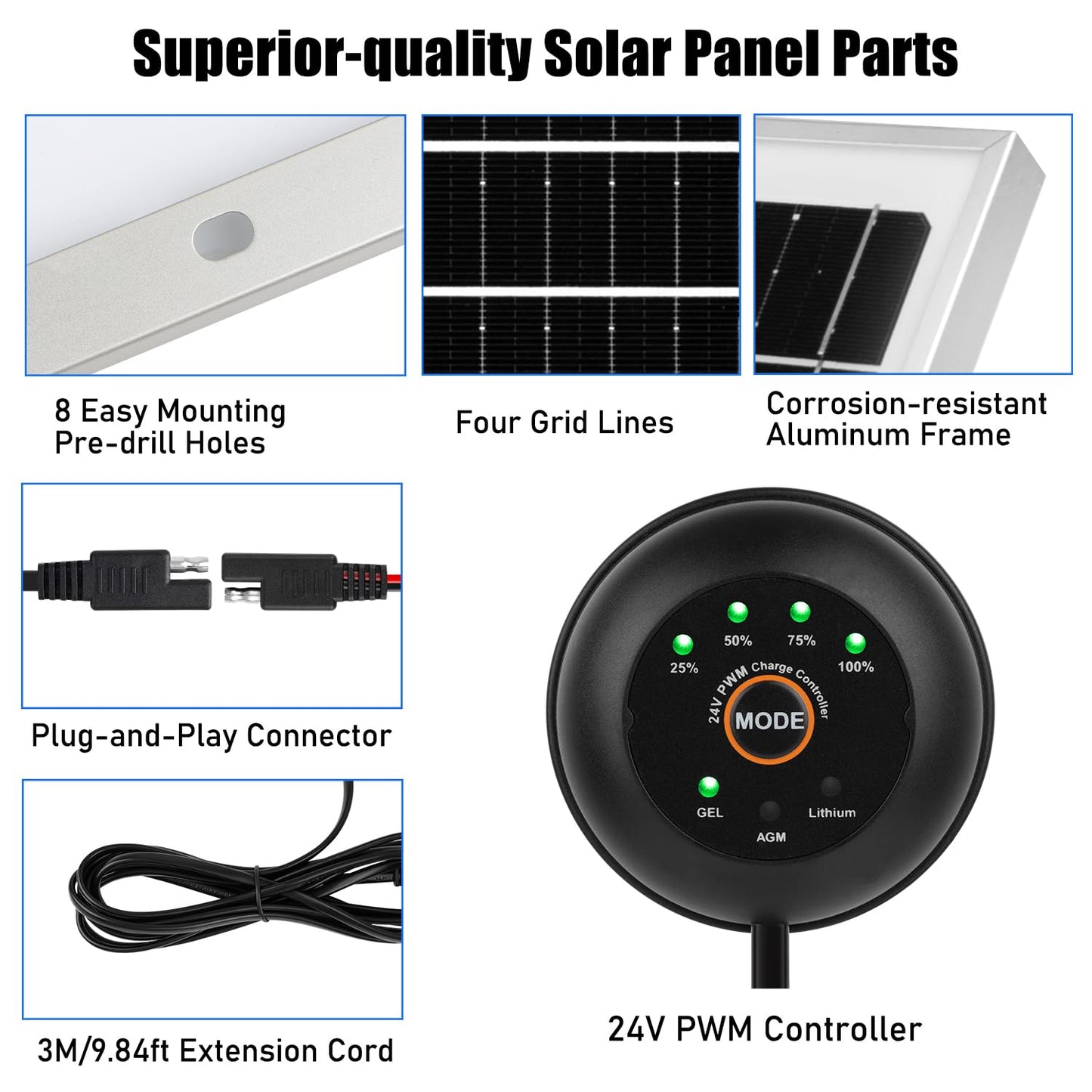 24V 30W Solar Battery Trickle Charger Maintainer with Rear-mounted Intelligent PWM Controller/SAE Cable Waterproof Solar Panel for 24V Rechargeable Battery of Car RV Marine Tractor Boat Motorcycle ATV