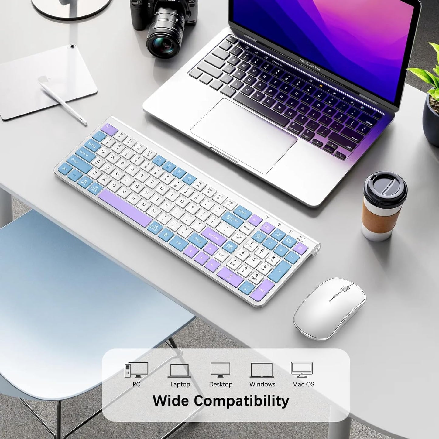 JOYACCESS Wireless Keyboard and Mouse,Ergonomic Keyboard Wireless,Dustproof and Portable,Number Keypad, Adjustable DPI Computer Keyboard Mouse for Laptop,PC, Windows- Purple Blue