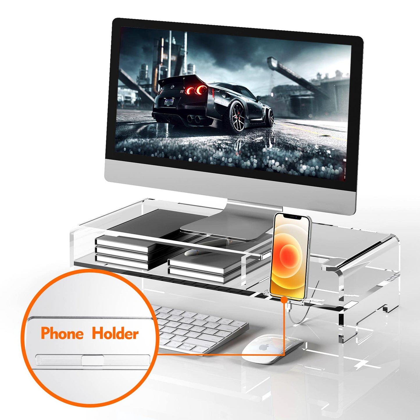 BEYGORM Acrylic Monitor Stand for Full Keyboard, 20" Wide 2-Tier Riser with Storage Shelf and Phone Holder, Desktop Organizer for Laptop, Printer, Screen (Clear)