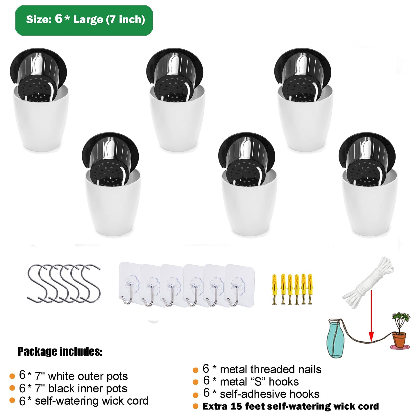 6 Pack Hanging Planter Pots Self Watering Vertical Garden Wall Mount Window Hang Round Plastic Container Indoor Outdoor for Plants Flowers Succulent Kitchen Living Herbs Holder Decor Decoration White