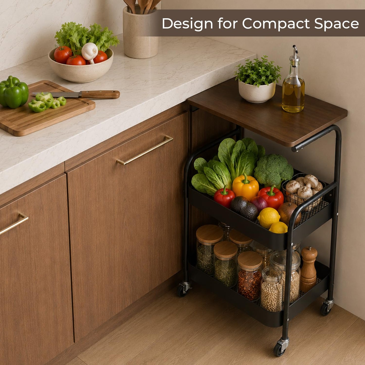 Y YOMA 3 Tier Rolling Utility Cart with Table Top, Metal Storage Organizer with Wheels for Small Space, Office, Kitchen, Bathroom, Dorm, Coffee Station - Black