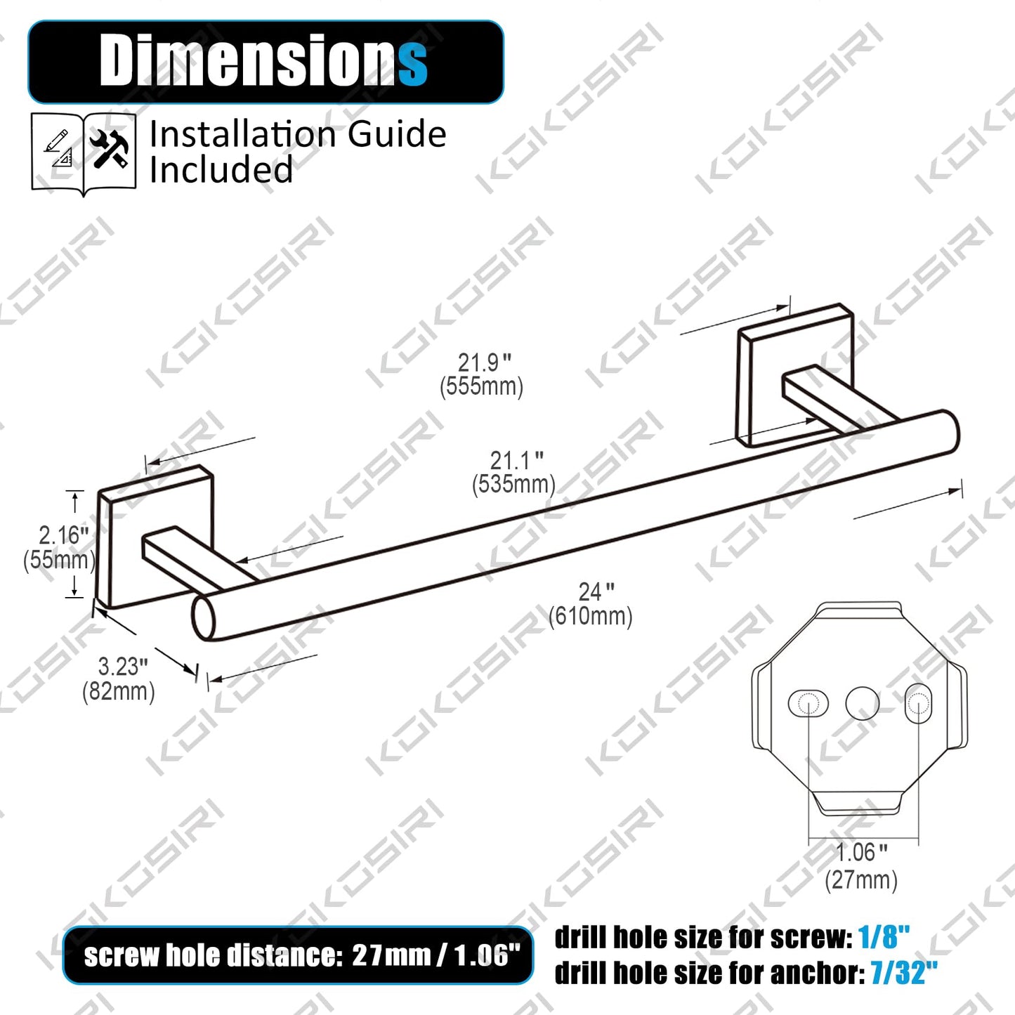 KOKOSIRI Towel Rails Bathroom Towel Bars Matte Black 24 Inch Bath Towel Holder for Cabinet Kitchen Wall Stainless Steel B4005BK-L24