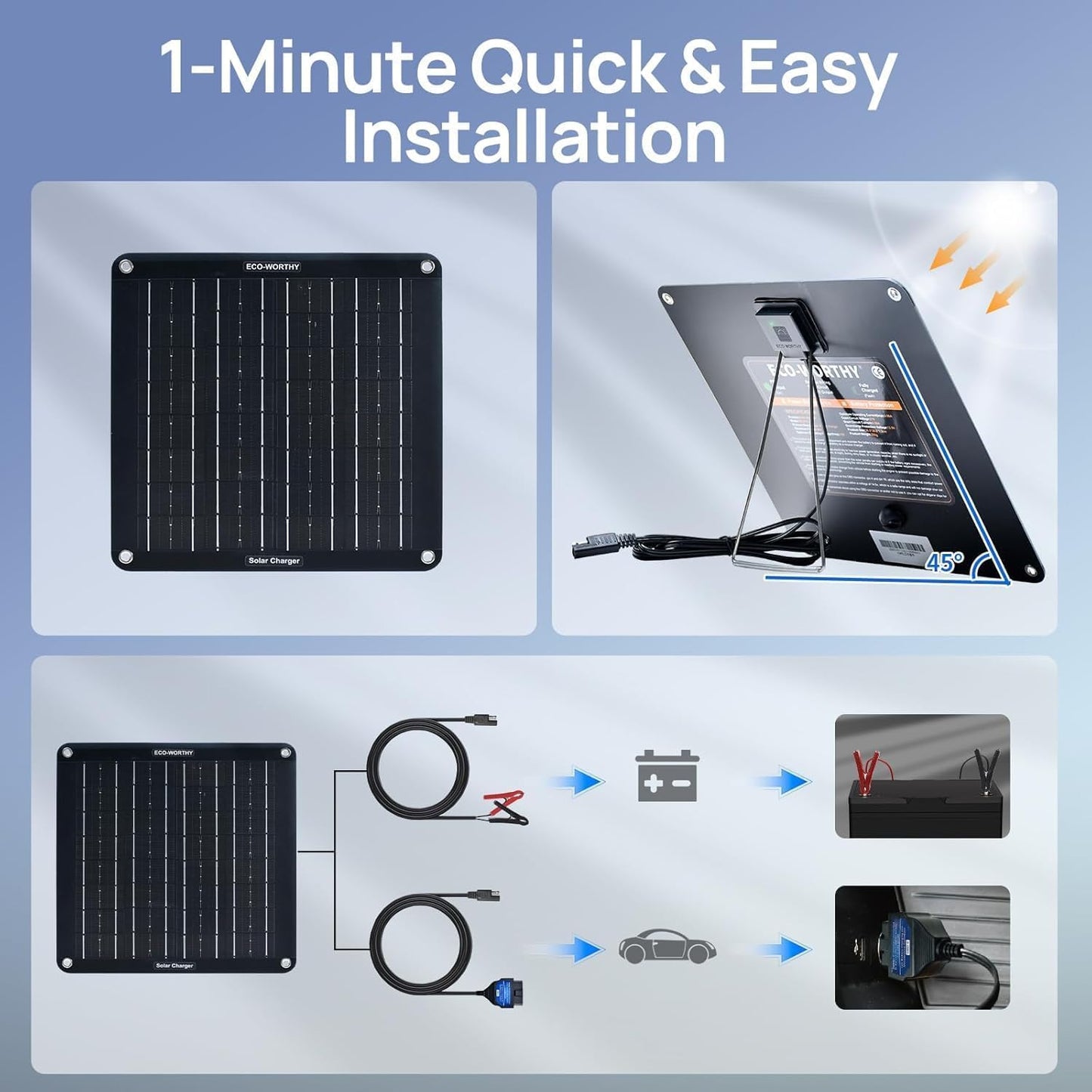 ECO-WORTHY Solar Battery Charger, 10W 12V Trickle Charger Maintainer with Upgrade OBD, Portable Bracket, Waterproof Solar Panel for RV, Motorcycle, Truck, Boat, Mower, Trailer, ATV