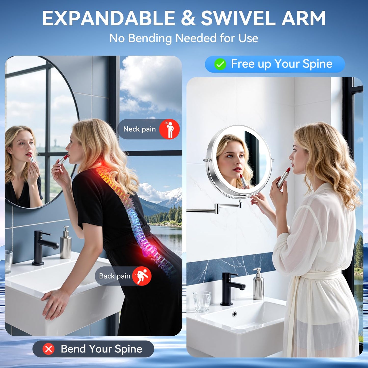 Auxmir 5000mAh Rechargeable Wall Mounted Makeup Mirror, 1X/30X Double-Sided Magnifying Mirror with Light, 9" Lighted Vanity Mirror with 3 Color Modes, Touch Dimmable, 360° Swivel Extended Arm, Chrome