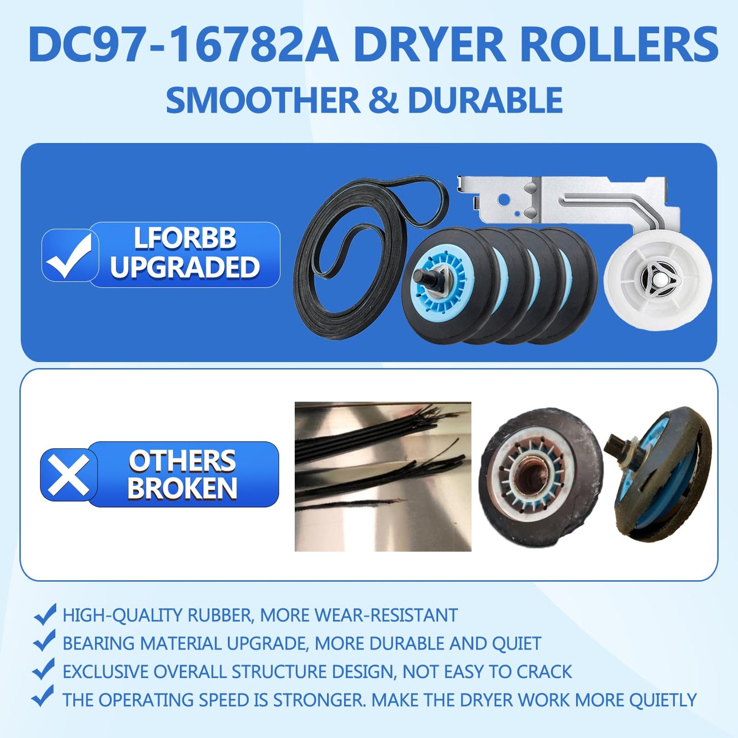 DV42H5000EW/A3 DV45H7000EW/A2 Dryer Roller Replacement Repair Kit Compatible with Samsung Dryer Includes DC97-16782A Dryer Roller DC93-00634A Idler Pulley 6602-001655 Dryer Belt