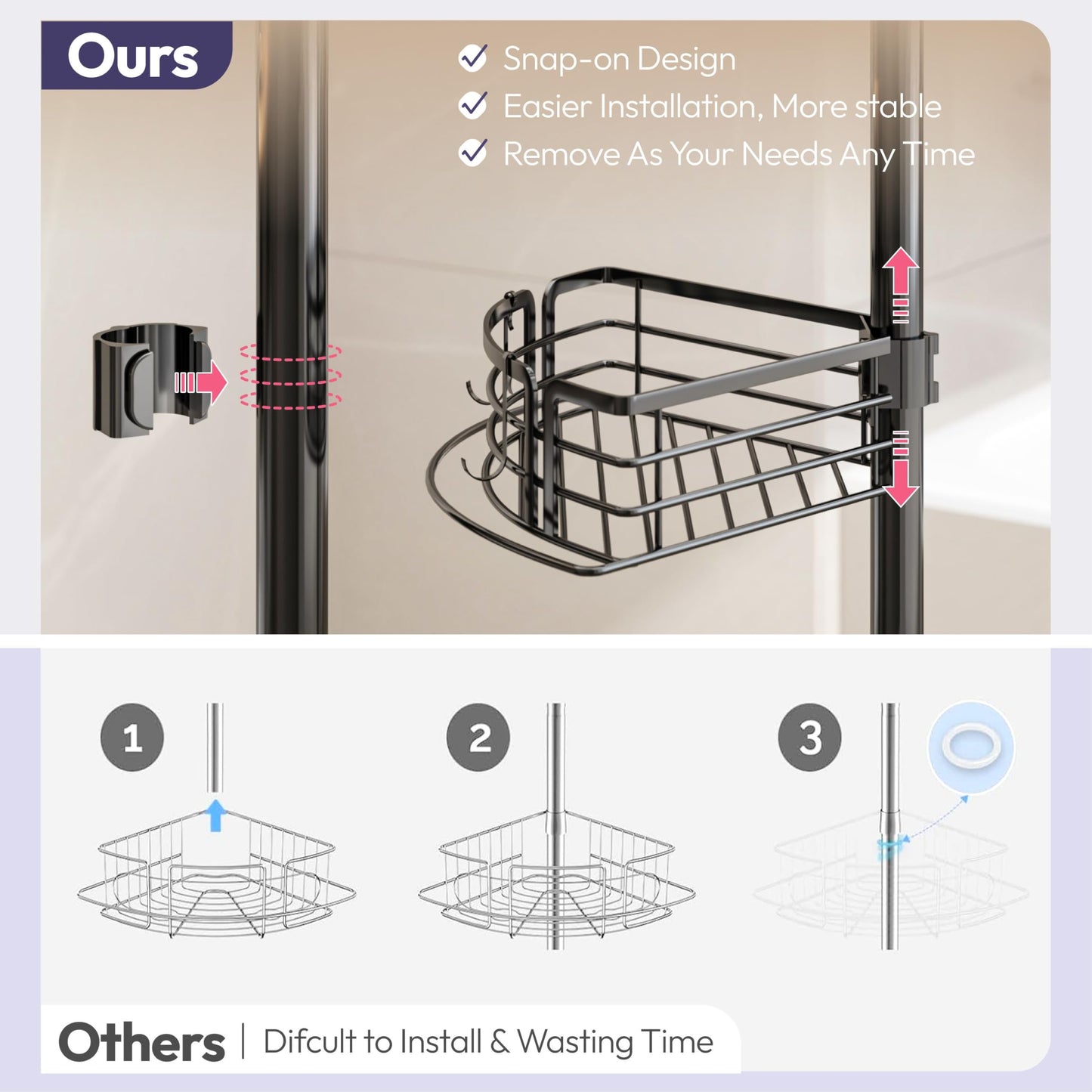 SWTYMIKI Shower Caddy Tension Pole - Rustproof Tension Shower Caddy Corner with Towel Bar & Soap Holder, Adjustable Shower Shelves Shower Organizer for Bathroom Storage, 27.6-108.3 inch, Black