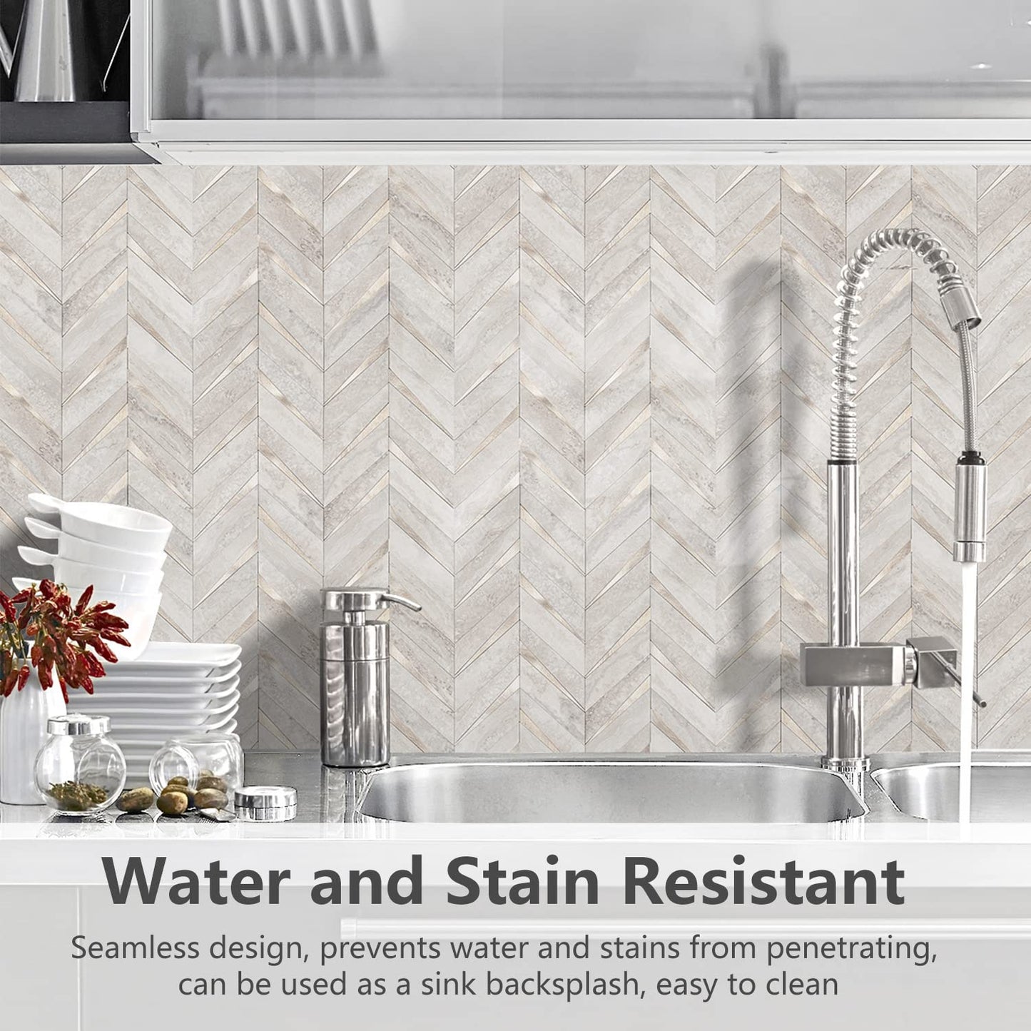 STICKGOO 10-Sheet Herringbone Tile Peel and Stick Backsplash, Marble Beige Mixed Metal Gold PVC Stick on Backsplash, Self Adhesive Wall Tile for Kitchen and Bathroom