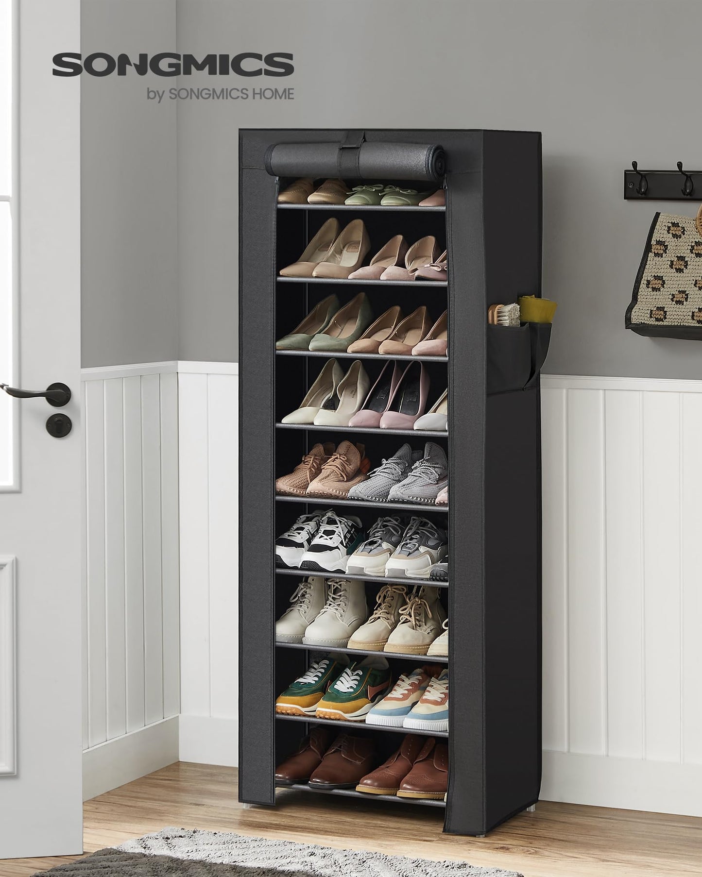 SONGMICS 10-Tier Shoe Rack, Shoe Storage Organizer Cabinet with Dustproof Cover, Free-Standing, for Closet, Entryway, Hold 27-35 Pairs, for Sneakers, High Heels, Black URXJ10H01