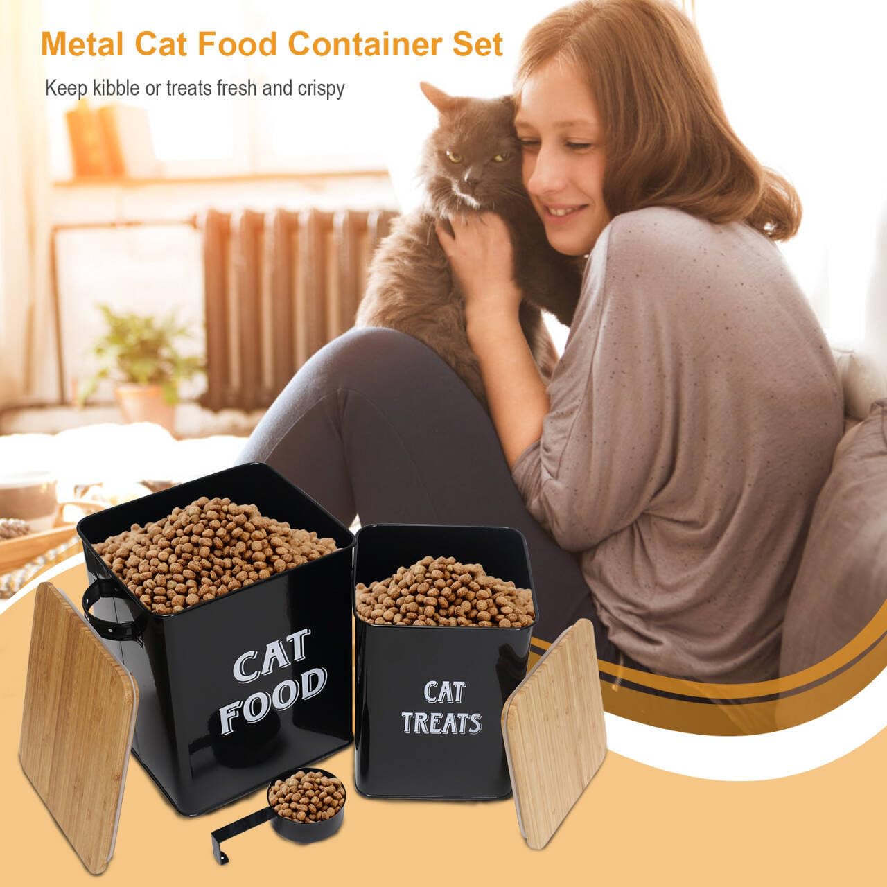 Cat Food and Treats Containers Set with Scoop for Cats or Dogs -Tight Fitting Wood Lids - Coated Carbon Steel - Storage Canister Tins-Cat-Black