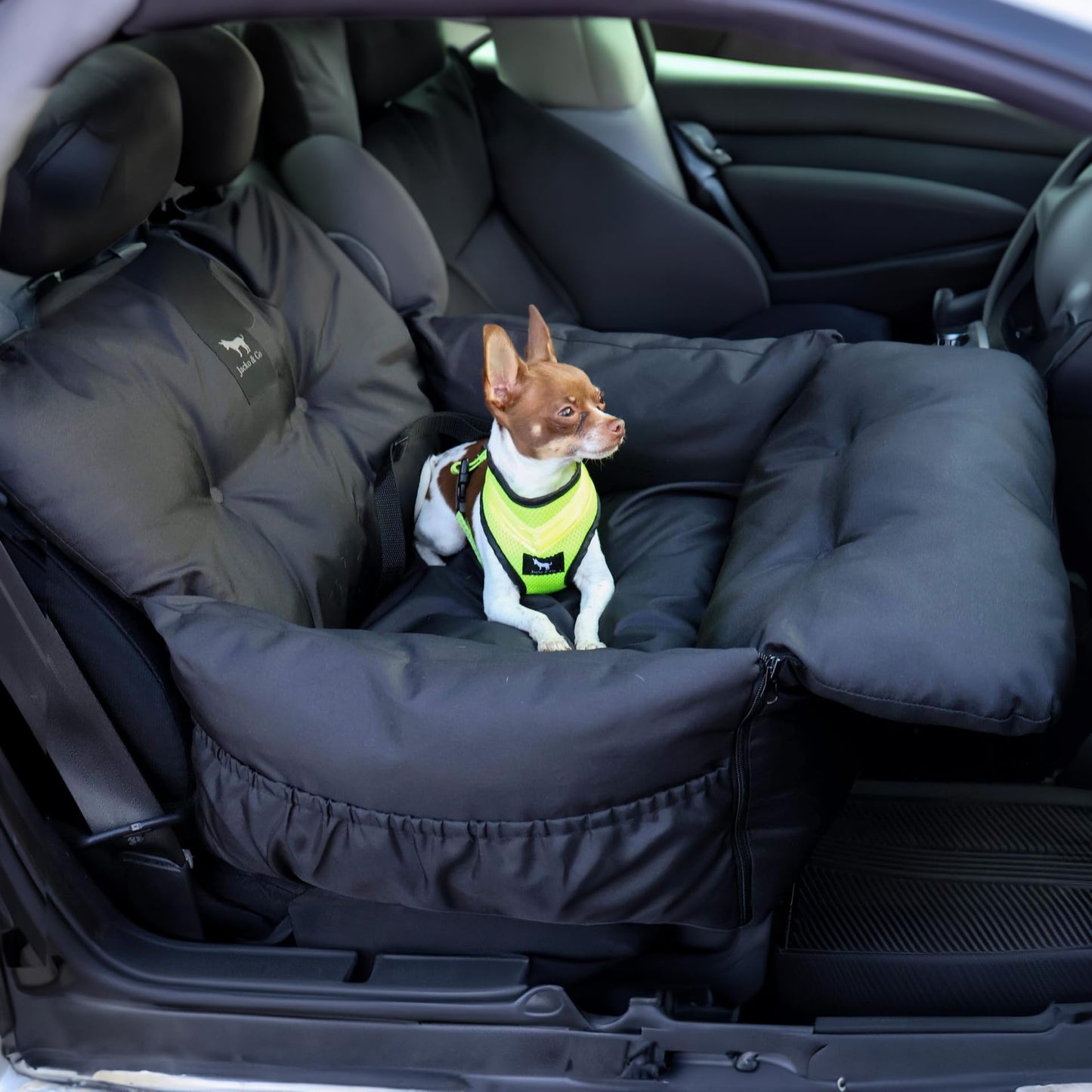 JACKO & CO - Premium Dog Car Seat Bed for Small & Medium Dogs, Soft Travel Bed & Carrier Bag for Pets, Puppies, Cats Front or Back Seat, Machine Washable & Water Resistant (Black, V1 Small (1-25lbs)