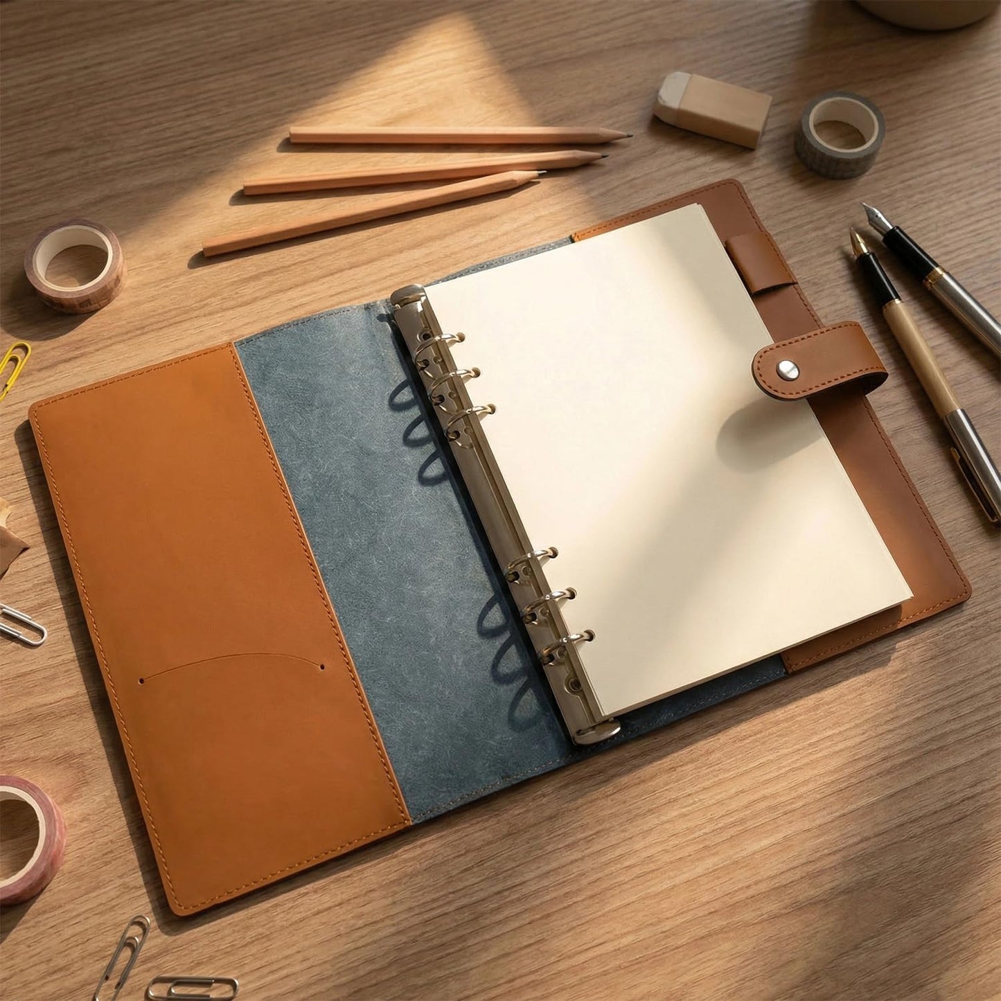 Acidea Refillable A5 Leather Binder Notebook, Vintage Organizer with 6-Ring Metal Binder, 200Pages Blank Paper, Pen Loop & Pocket, leather Planner for Office School Travel Business Planning Writing