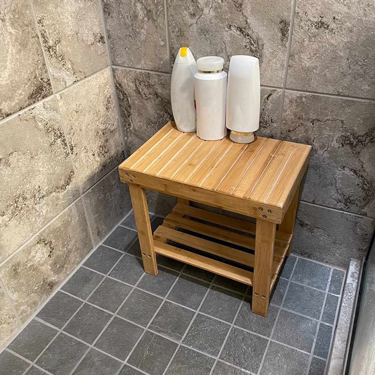 HOIGON 2 Pack 13 Inches Bamboo Step Stool with Storage Shelf, Wooden Foot Stool for Home Garden Bathroom, Heavy Duty Stepping Stool for Adults with Non-Slip Pads, Natural Bamboo, Tabouret Marche Pied