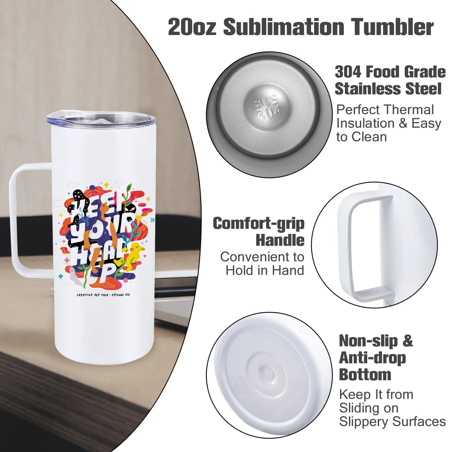 BetterSub 6 Pack 20oz Sublimation Tumblers with Handle – Double Wall Vacuum Insulated Stainless Steel Skinny Mugs, Lid & Straw Included, DIY Blank for Hot/Cold Drinks (6Packs 20oz)