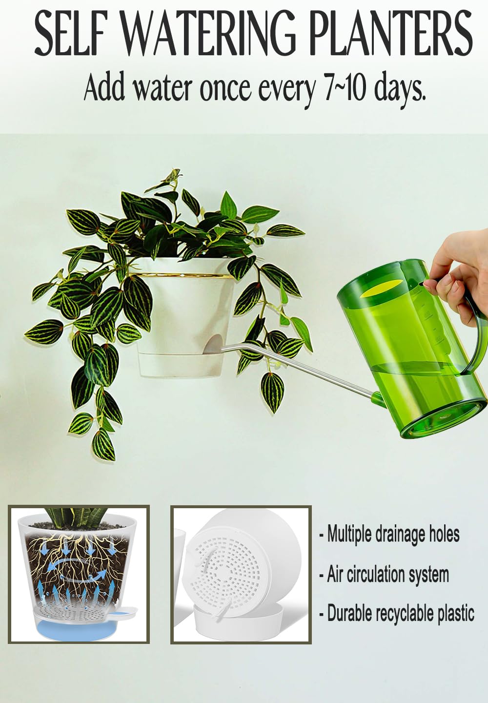 Bouqlife Wall Planters for Indoor Plants 3 Pack 6 Inch Flower Pot Holders Metal Ring with Self Watering Pots Wall Hanging Planters Gold-White