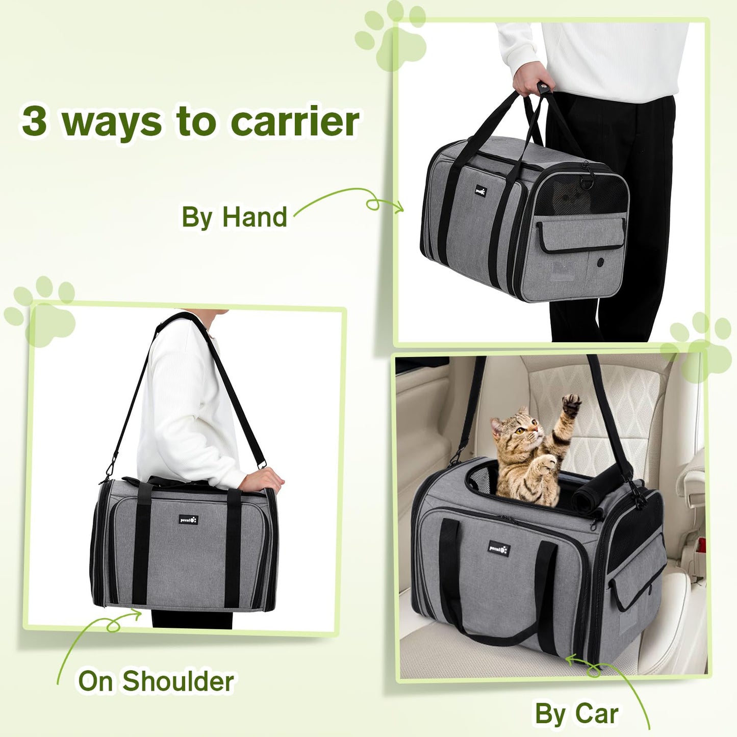 Pecute Cat Carrier Expandable 47x34x33cm, Dog Carrier Foldable, Pet Carrier with Breathable Mesh for Small to Medium Cats and Dogs, Used for Traveling, Camping, Going to The Vet Gray