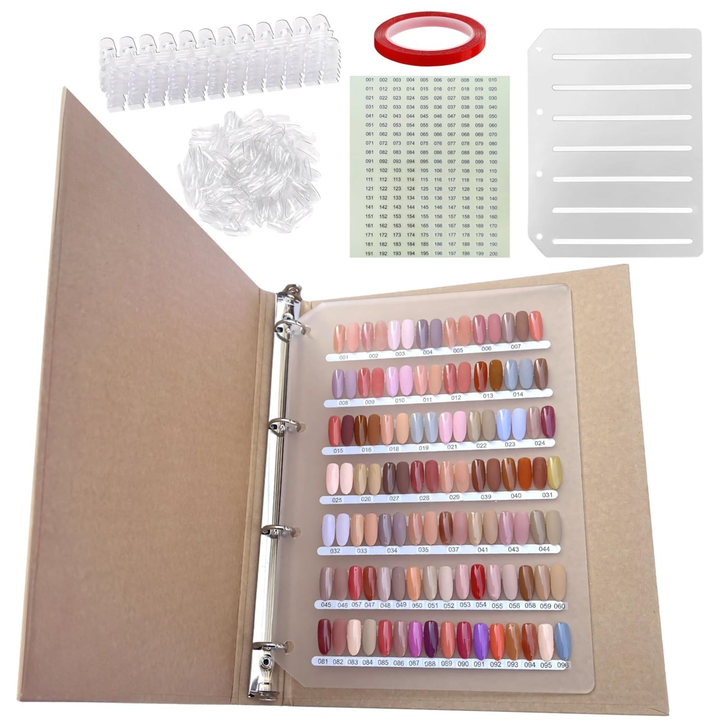 170 Nail Colors Display Book, Large Press on Nail Organizer with Binder, Nail Color Sample Album with 220 Clear Nails and 1-200 Stickers Numbered Stickers for Nail Art Salons, DIY Nail Design