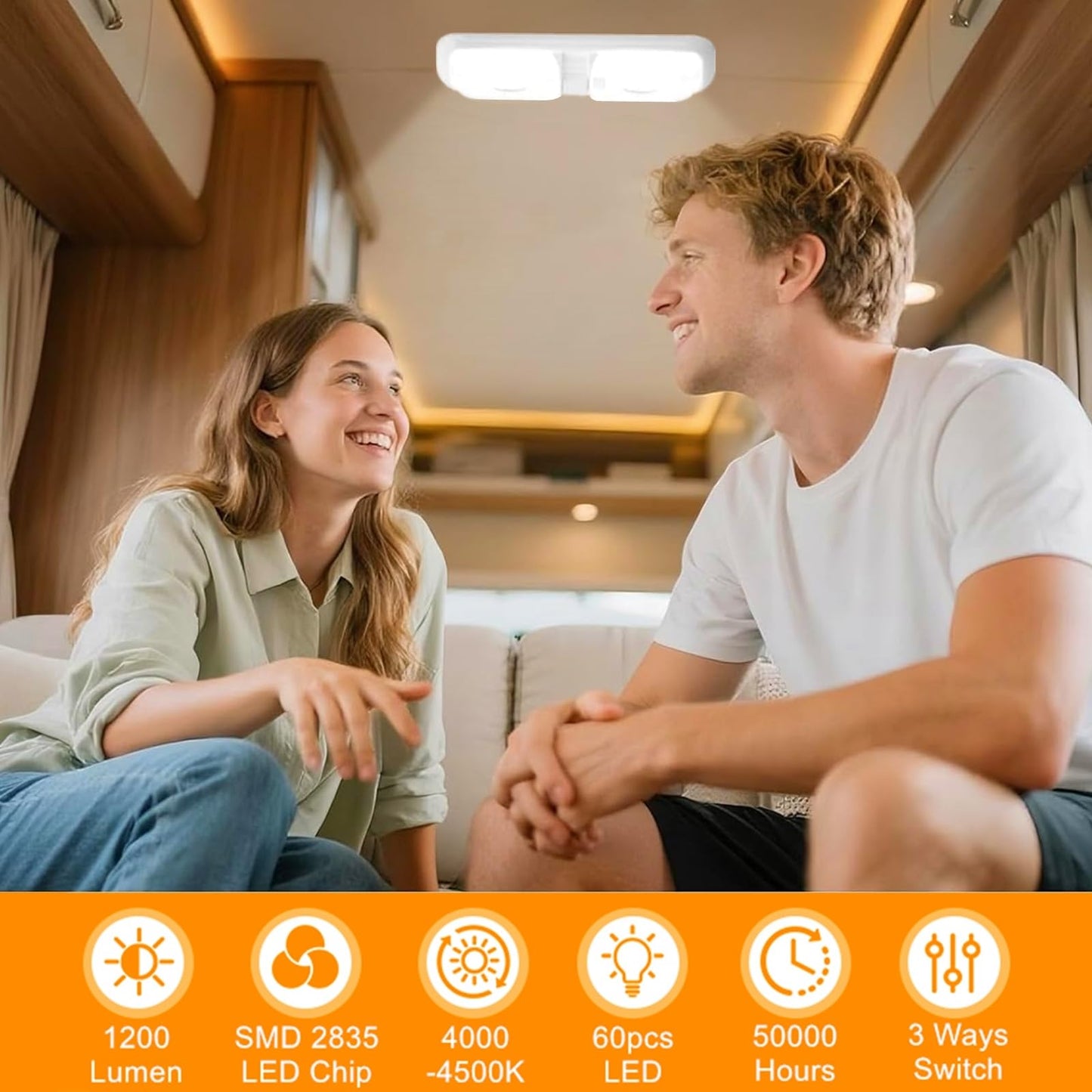 BlueFire RV Interior Lights, DC 12V RV Ceiling Double Dome Lights, 4000–4500K LED Camper Lights with Switch for RV Camper Motorhome Caravan Trailer Boat(2 Pack)