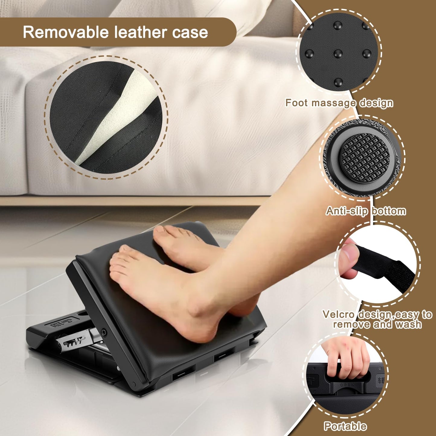WODHMIEY Adjustable Foot Rest Stool, 4-Level Height, Ergonomic Foldable Footrest with Non Slip Surface & Removable Cushion for Office Home Travel