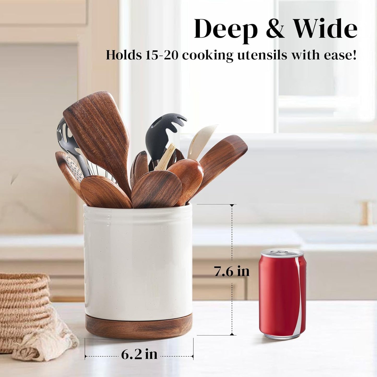DOWAN 7.6" 360° Rotating Utensil Holder, Kitchen Utensil Holder for Countertop,Large Ceramic Utensil Crock for Kitchen Counter, Protection Cork Bottom, White