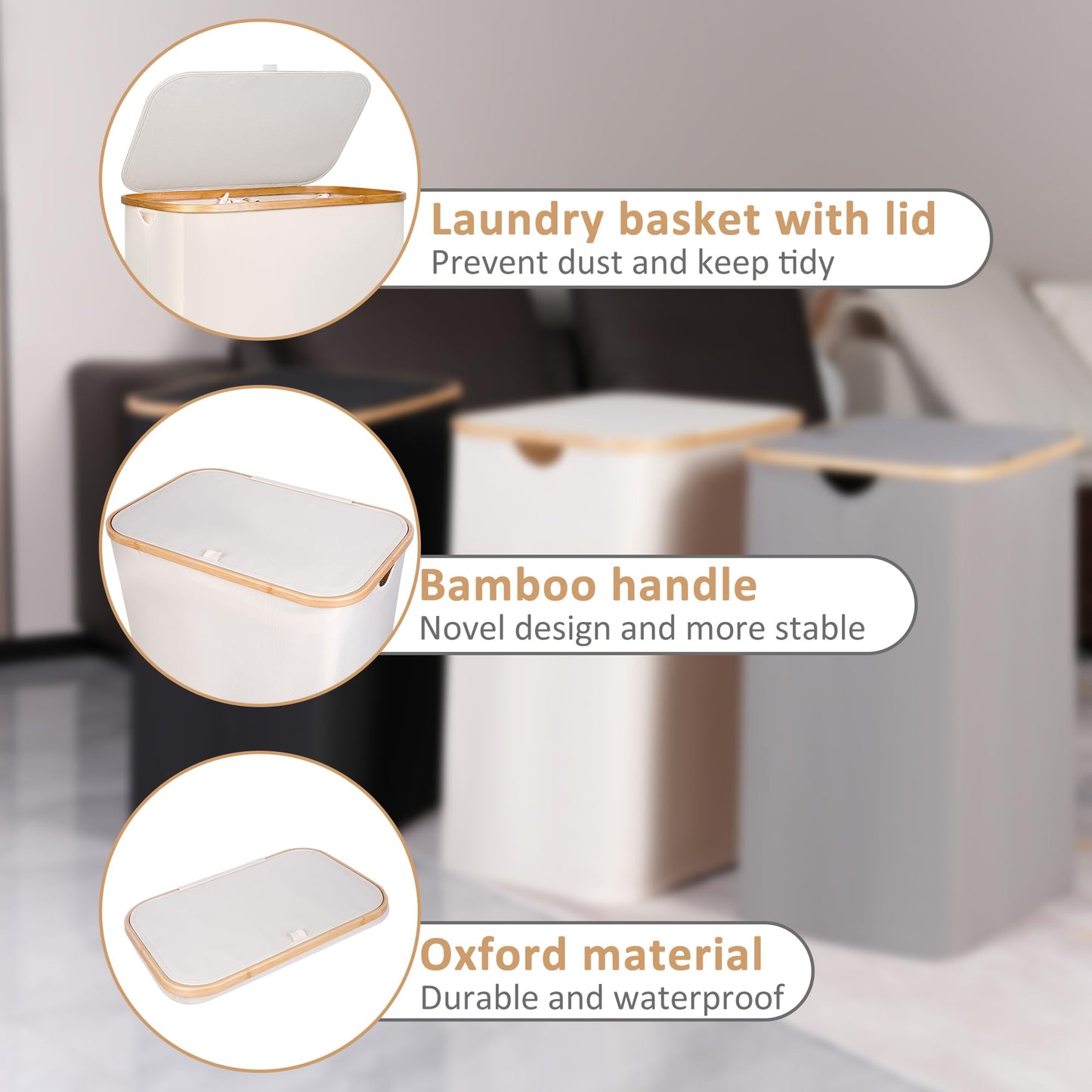 iEGrow 150L Laundry Basket with Lid, Large Laundry Hamper with Bamboo Handle, Collapsible Dirty Clothes Hamper Organizer with Removable Inner Bag for Clothes Toys Towels,Beige