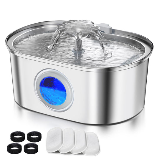 Cat Water Fountain Stainless Steel,108oz/3.2L Pet Drinking Fountain with 4 Replacement Filters & 4 Pre-Filter Sponges, Indoor Cat Flower Water Dispenser with Ultra-Quiet Pump & Level Window