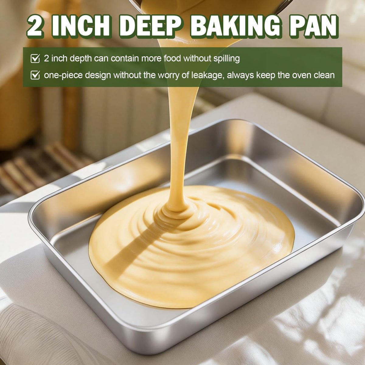 TeamFar 9.8’’x12.5’’ Baking Pan, Stainless Steel Rectangular Cake Brownie Lasagna Pan for Cooking, Healthy & Sturdy, One-piece & Even Heat, Oven & Dishwasher Safe - Set of 2