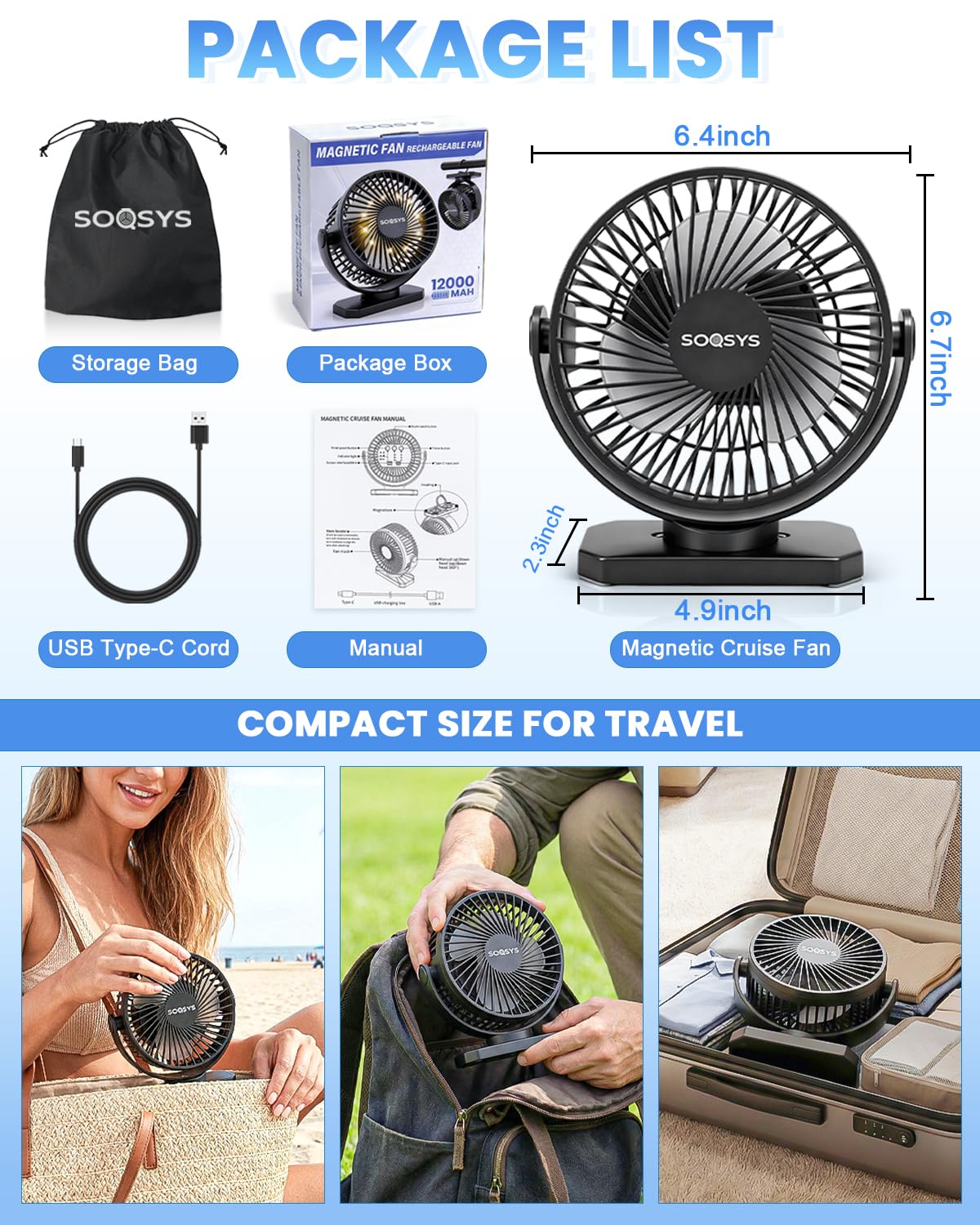 SOQSYS Cruise Approved Magnetic Fan with 12000mAh Rechargeable Battery, Cruise Fan with 3 Speeds, Timer, Led Lights, Power Output & Bottom Hook, Portable Fans for Camping Travel Cruise Essentials