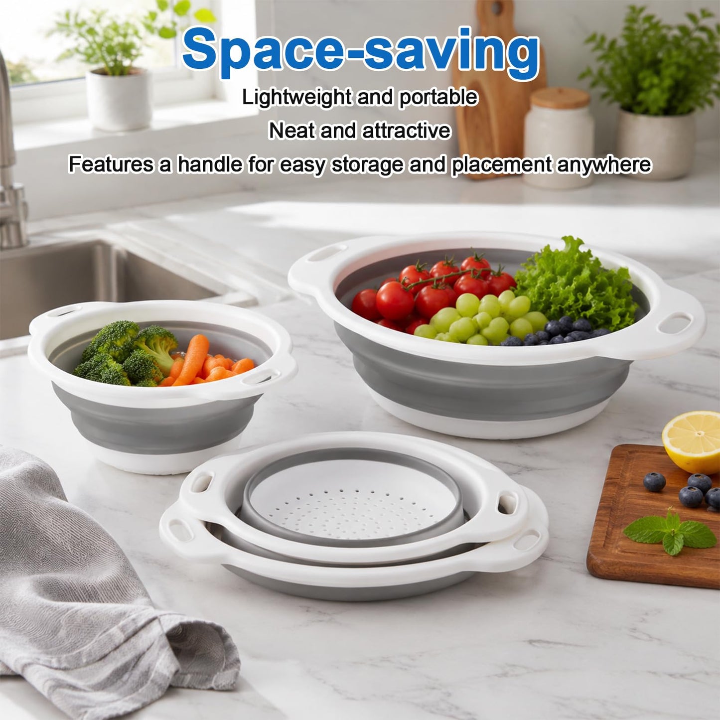ECHOSAMEN Kitchen Collapsible Colander Set with Draining Base, Edge of Sink Strainer - Space-Saving Food-Grade Silicone Basket with D-Handle for Draining & Rinsing Pasta, Fruits, Vegetables(White)